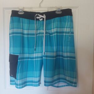 American Eagle Outfitters Blue White Plaid Board Style Swim Shorts Size Medium